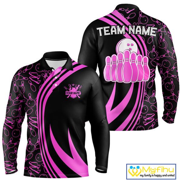 Black Mens bowling shirts Custom Pink neon team league bowling jerseys, gifts for bowlers NQS9984