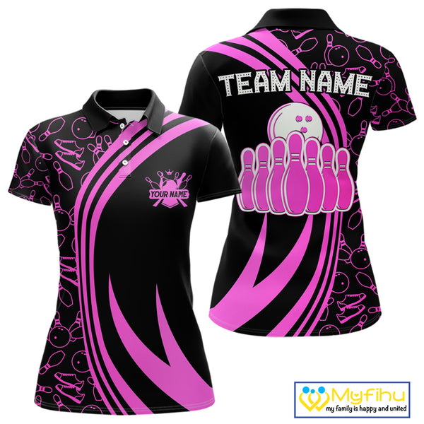 Black Women bowling shirts Custom Pink neon team league bowling jerseys, gifts for bowlers NQS9984