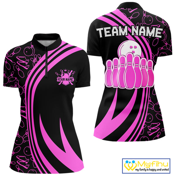 Black Women bowling shirts Custom Pink neon team league bowling jerseys, gifts for bowlers NQS9984