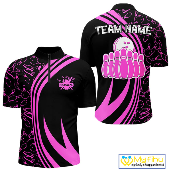Black Mens bowling shirts Custom Pink neon team league bowling jerseys, gifts for bowlers NQS9984