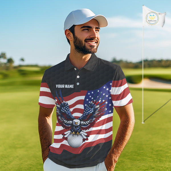 Black Golf pattern American Flag Eagle Men golf polo shirts Custom patriotic golf attire for mens NQS9986