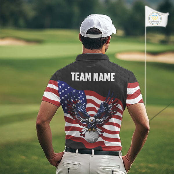 Black Golf pattern American Flag Eagle Men golf polo shirts Custom patriotic golf attire for mens NQS9986