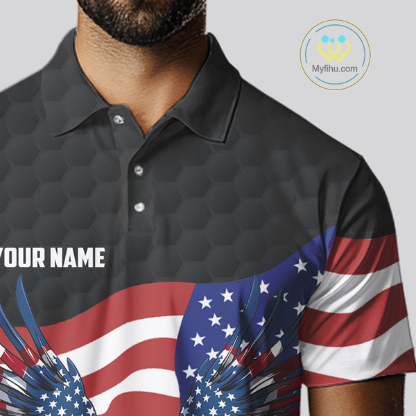Black Golf pattern American Flag Eagle Men golf polo shirts Custom patriotic golf attire for mens NQS9986