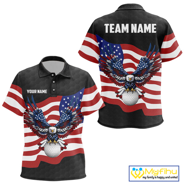 Black Golf pattern American Flag Eagle Kid golf polo shirts Custom patriotic Kid golf attire NQS9986