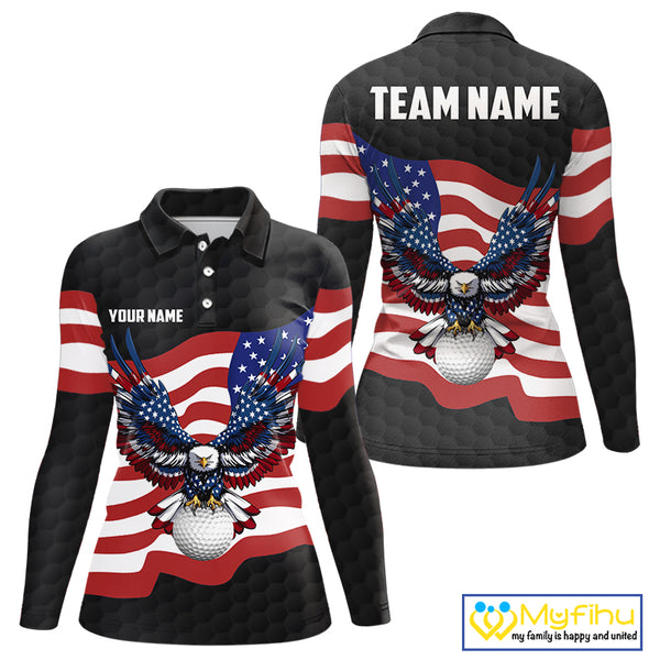 Black Golf pattern American Flag Eagle Women golf polo shirts Custom patriotic ladies golf attire NQS9986