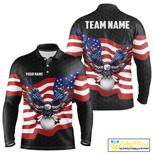 Black Golf pattern American Flag Eagle Men golf polo shirts Custom patriotic golf attire for mens NQS9986