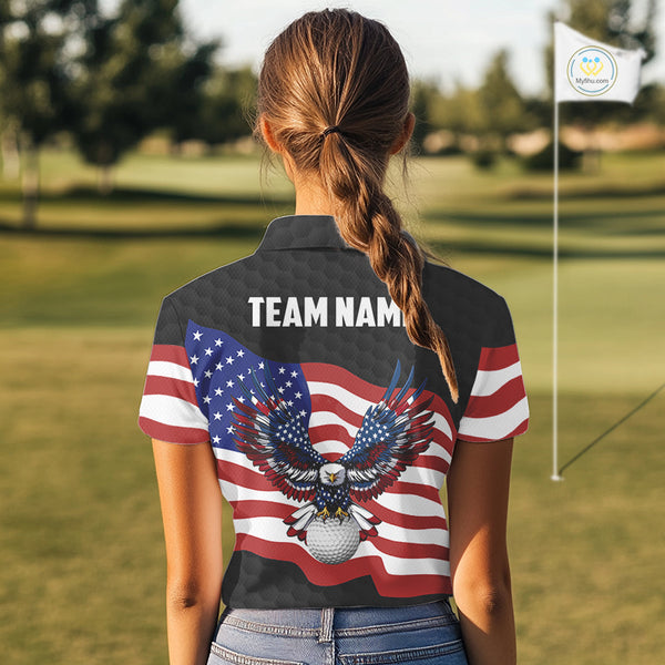 Black Golf pattern American Flag Eagle Women golf polo shirts Custom patriotic ladies golf attire NQS9986