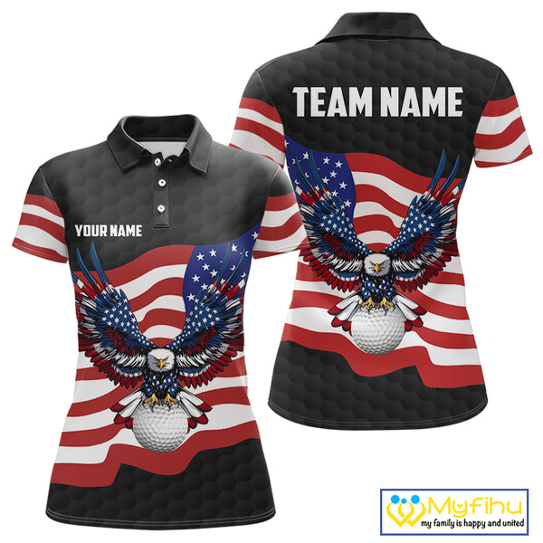 Black Golf pattern American Flag Eagle Women golf polo shirts Custom patriotic ladies golf attire NQS9986