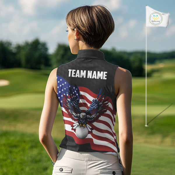 Black Golf pattern American Flag Eagle Women sleeveless golf polo shirts Custom patriotic golf attire NQS9986
