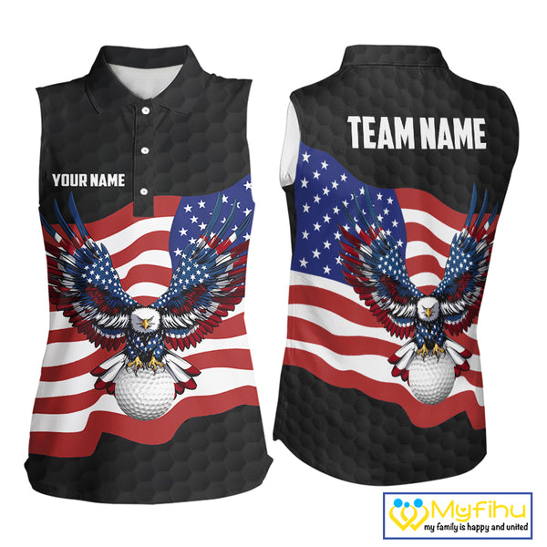 Black Golf pattern American Flag Eagle Women sleeveless golf polo shirts Custom patriotic golf attire NQS9986