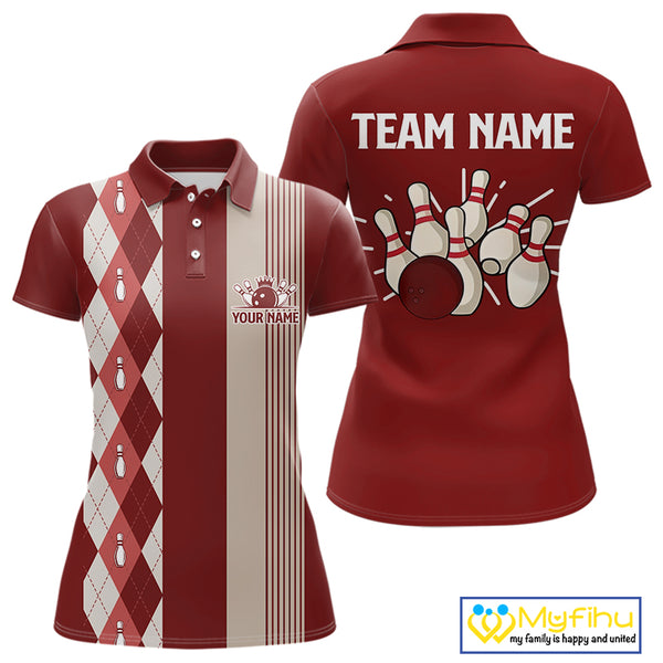 Retro Red argyle pattern Bowling shirts For Women custom bowling team jerseys Bowler Outfits NQS10151