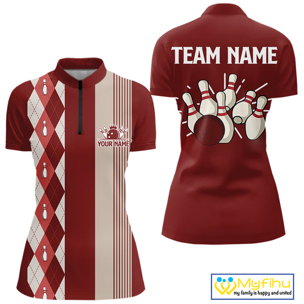 Retro Red argyle pattern Bowling shirts For Women custom bowling team jerseys Bowler Outfits NQS10151