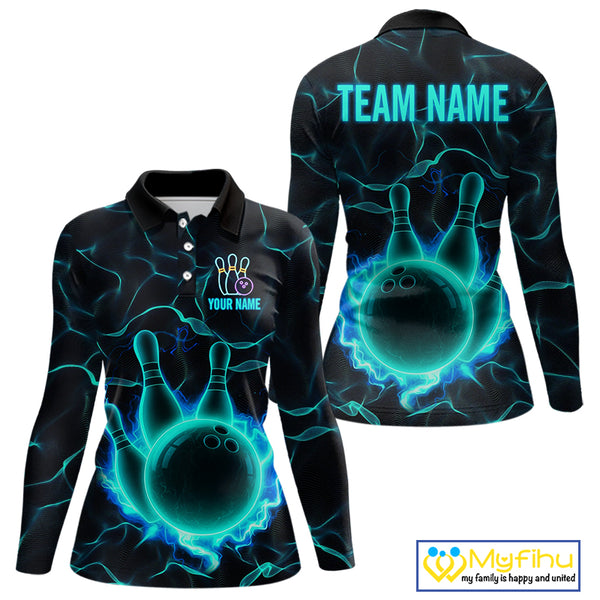 Cyan Blue Flame Bowling Polo, Quarter Zip shirts For Women custom bowling team jerseys Bowler Outfits NQS10153