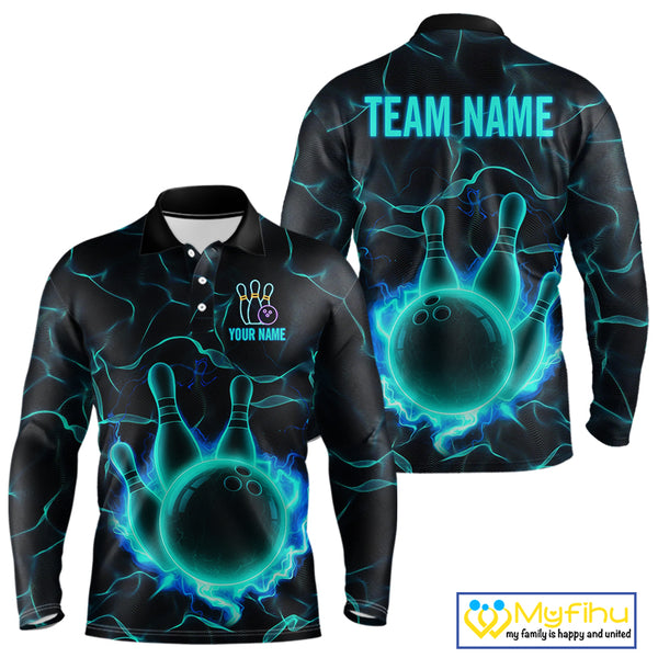 Cyan Blue Flame Bowling Polo, Quarter Zip shirts For Men custom bowling team jerseys Bowler Outfits NQS10153