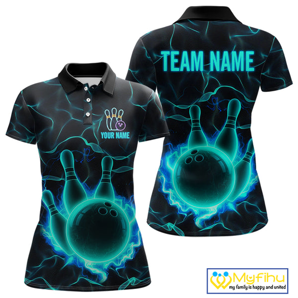 Cyan Blue Flame Bowling Polo, Quarter Zip shirts For Women custom bowling team jerseys Bowler Outfits NQS10153