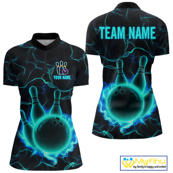 Cyan Blue Flame Bowling Polo, Quarter Zip shirts For Women custom bowling team jerseys Bowler Outfits NQS10153