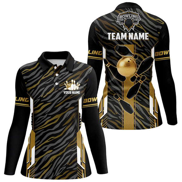 Black And Gold zebra pattern Bowling Shirts For Women, Personalized Bowling Team Jerseys Bowler Outfit NQS8300