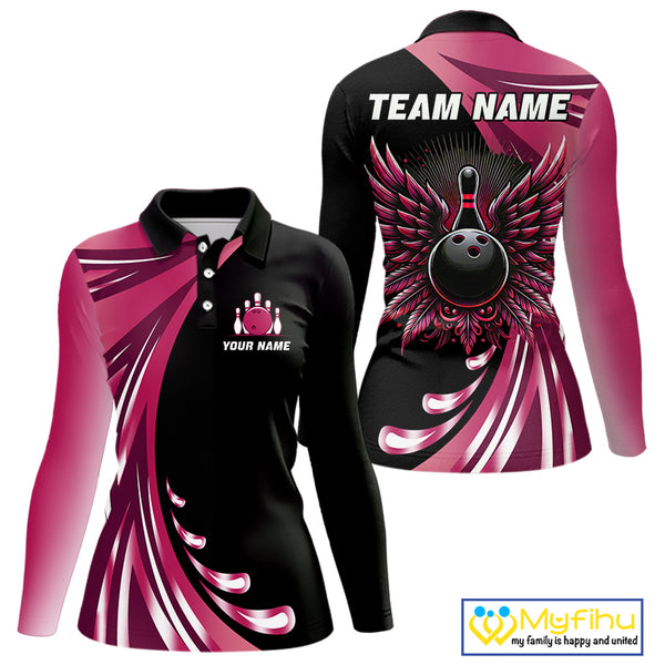Black and Pink Bowling Ball and Pins wings Bowling Shirts for Women Custom Team Bowling Jerseys NQS10489