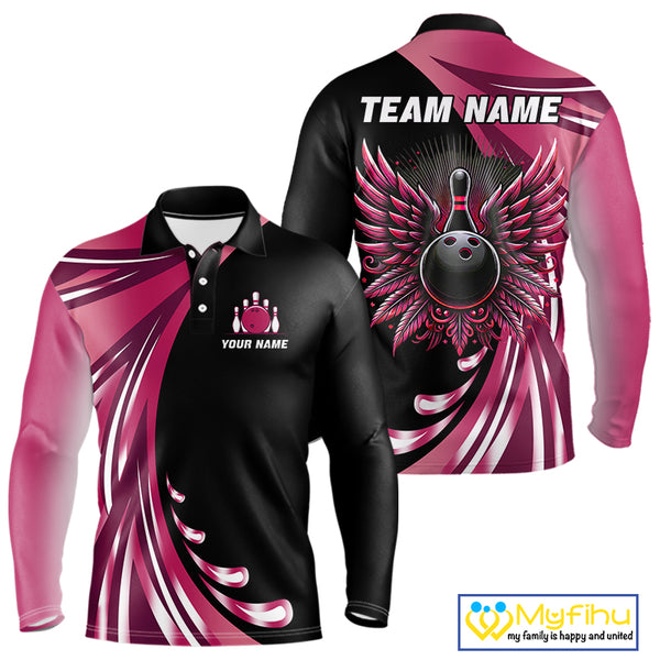 Black and Pink Bowling Ball and Pins wings Bowling Shirts for Men Custom Team Bowling Jerseys NQS10489