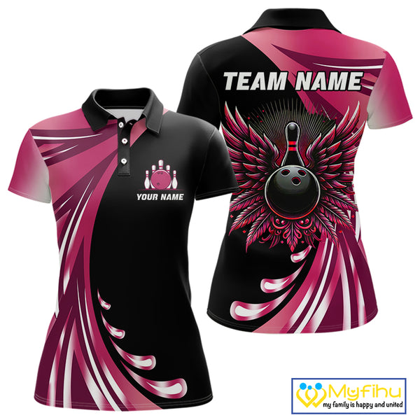 Black and Pink Bowling Ball and Pins wings Bowling Shirts for Women Custom Team Bowling Jerseys NQS10489