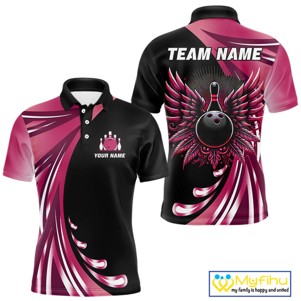 Black and Pink Bowling Ball and Pins wings Bowling Shirts for Men Custom Team Bowling Jerseys NQS10489