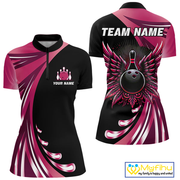Black and Pink Bowling Ball and Pins wings Bowling Shirts for Women Custom Team Bowling Jerseys NQS10489
