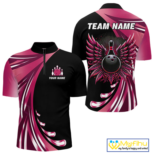 Black and Pink Bowling Ball and Pins wings Bowling Shirts for Men Custom Team Bowling Jerseys NQS10489