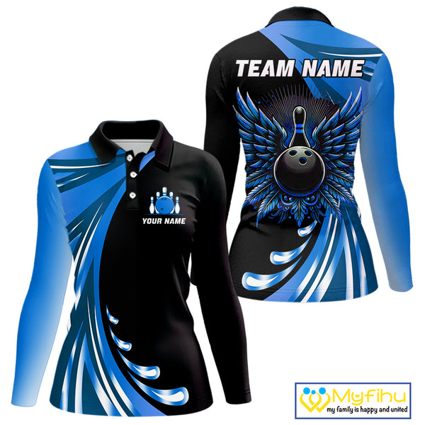 Black and Blue Bowling Ball and Pins wings Bowling Shirts for Women Custom Team Bowling Jerseys NQS10490