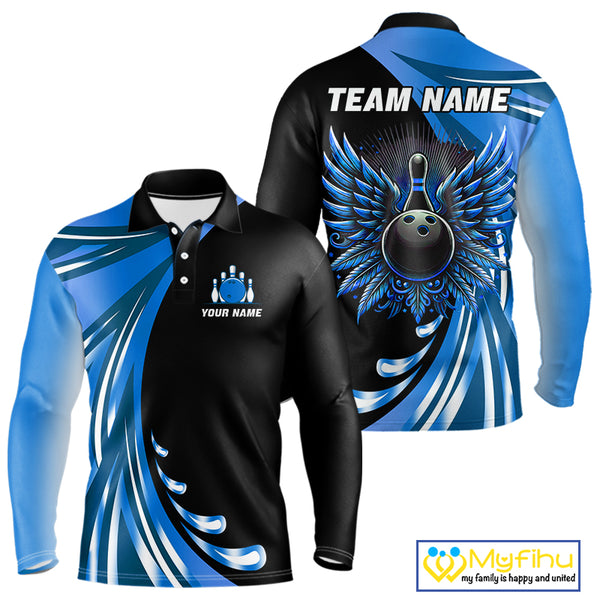 Black and Blue Bowling Ball and Pins wings Bowling Shirts for Men Custom Team Bowling Jerseys NQS10490