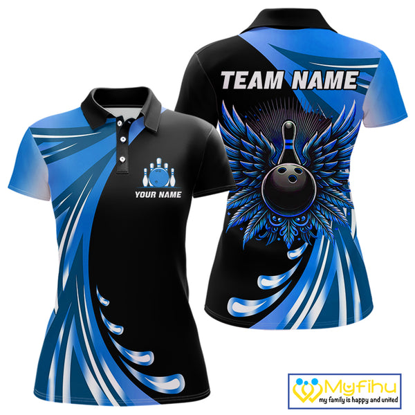 Black and Blue Bowling Ball and Pins wings Bowling Shirts for Women Custom Team Bowling Jerseys NQS10490