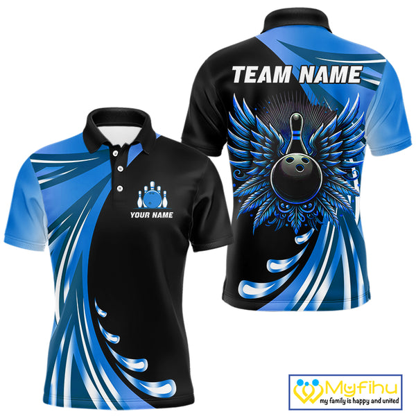 Black and Blue Bowling Ball and Pins wings Bowling Shirts for Men Custom Team Bowling Jerseys NQS10490