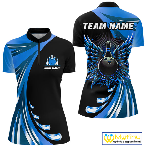 Black and Blue Bowling Ball and Pins wings Bowling Shirts for Women Custom Team Bowling Jerseys NQS10490