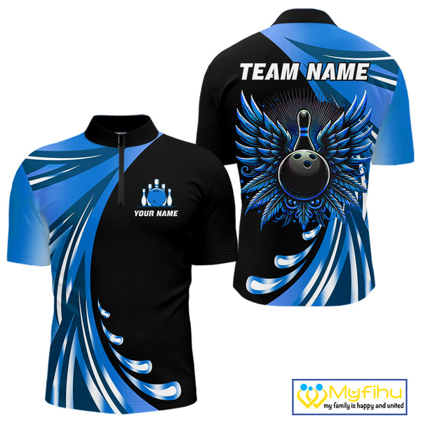 Black and Blue Bowling Ball and Pins wings Bowling Shirts for Men Custom Team Bowling Jerseys NQS10490