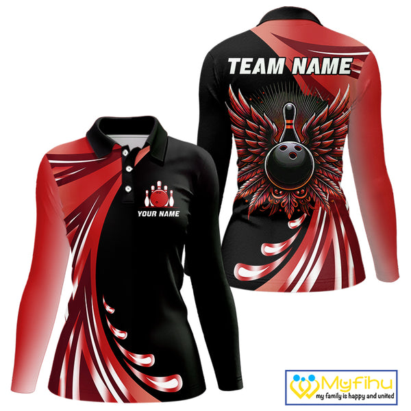 Black and Red Bowling Ball and Pins wings Bowling Shirts for Women Custom Team Bowling Jerseys NQS10491