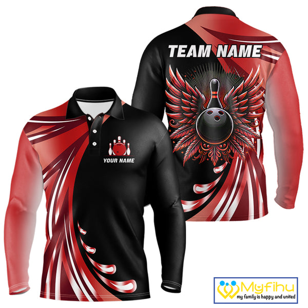 Black and Red Bowling Ball and Pins wings Bowling Shirts for Men Custom Team Bowling Jerseys NQS10491