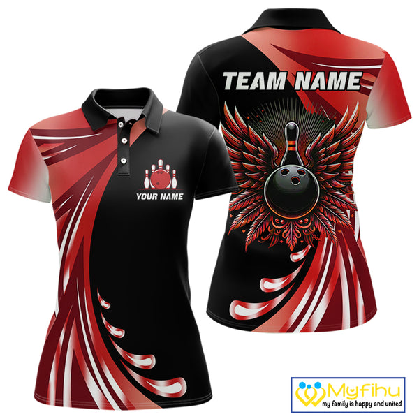 Black and Red Bowling Ball and Pins wings Bowling Shirts for Women Custom Team Bowling Jerseys NQS10491