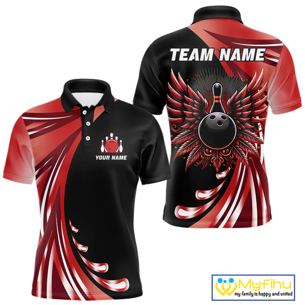 Black and Red Bowling Ball and Pins wings Bowling Shirts for Men Custom Team Bowling Jerseys NQS10491