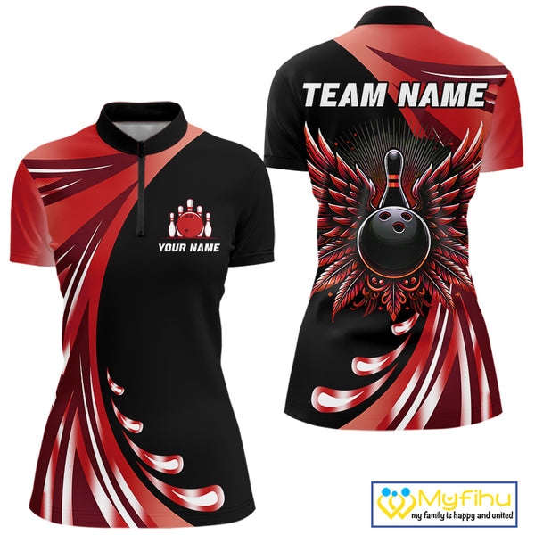 Black and Red Bowling Ball and Pins wings Bowling Shirts for Women Custom Team Bowling Jerseys NQS10491