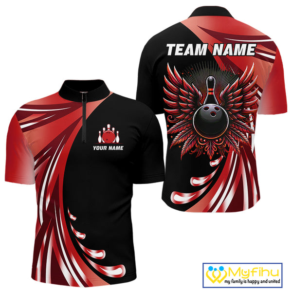Black and Red Bowling Ball and Pins wings Bowling Shirts for Men Custom Team Bowling Jerseys NQS10491