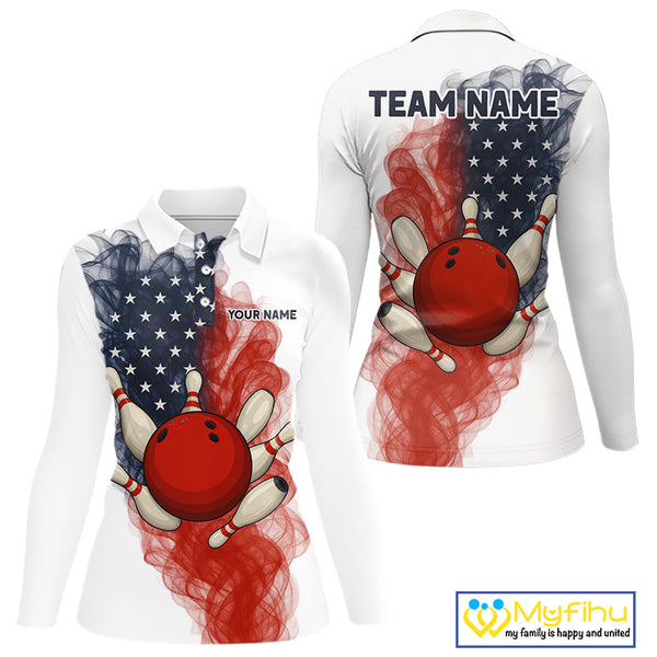 Custom Smoke American Flag White Bowling Shirts for Women Personalized Patriotic Team Bowling Jerseys NQS10495