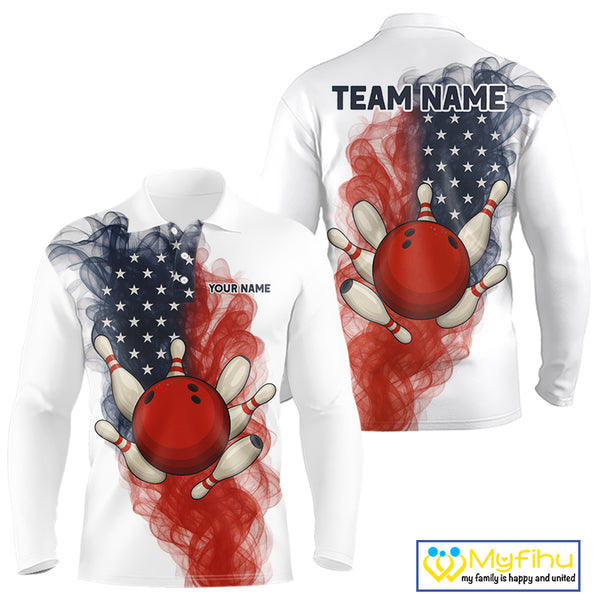 Custom Smoke American Flag White Bowling Shirts for Men Personalized Patriotic Team Bowling Jerseys NQS10495