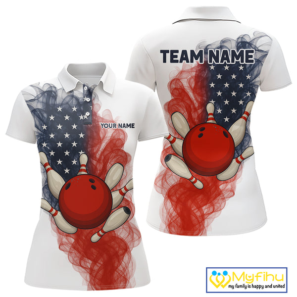 Custom Smoke American Flag White Bowling Shirts for Women Personalized Patriotic Team Bowling Jerseys NQS10495
