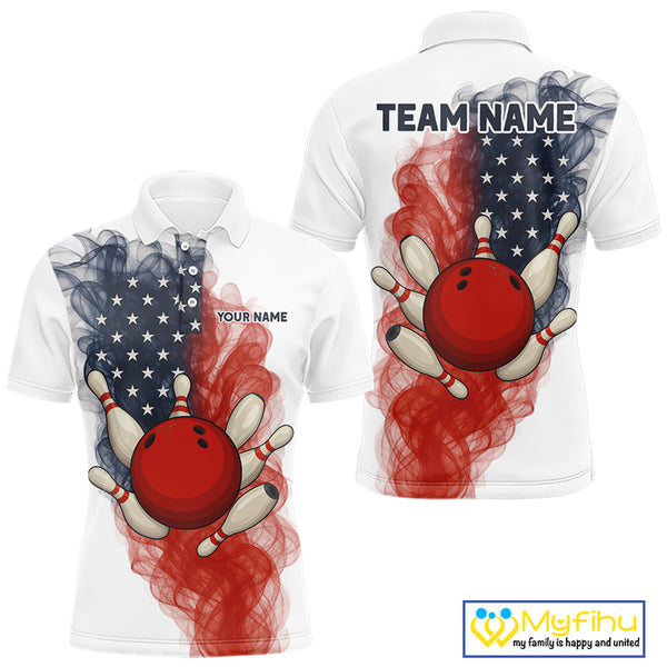 Custom Smoke American Flag White Bowling Shirts for Men Personalized Patriotic Team Bowling Jerseys NQS10495