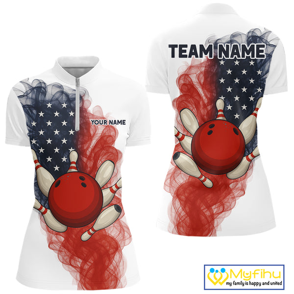 Custom Smoke American Flag White Bowling Shirts for Women Personalized Patriotic Team Bowling Jerseys NQS10495