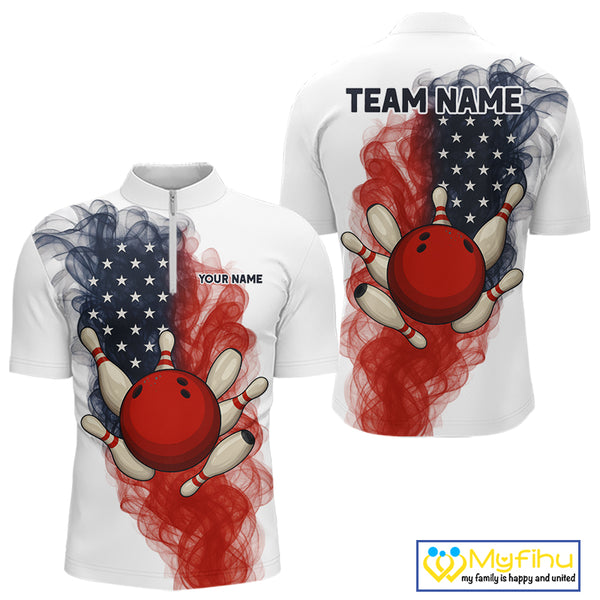 Custom Smoke American Flag White Bowling Shirts for Men Personalized Patriotic Team Bowling Jerseys NQS10495
