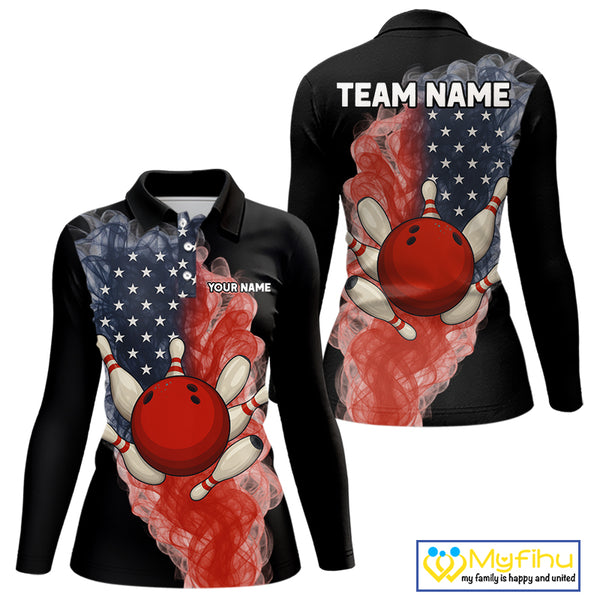 Custom Smoke American Flag Black Bowling Shirts for Women Personalized Patriotic Team Bowling Jerseys NQS10496