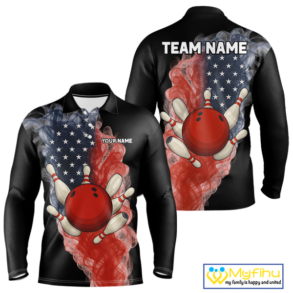 Custom Smoke American Flag Black Bowling Shirts for Men Personalized Patriotic Team Bowling Jerseys NQS10496