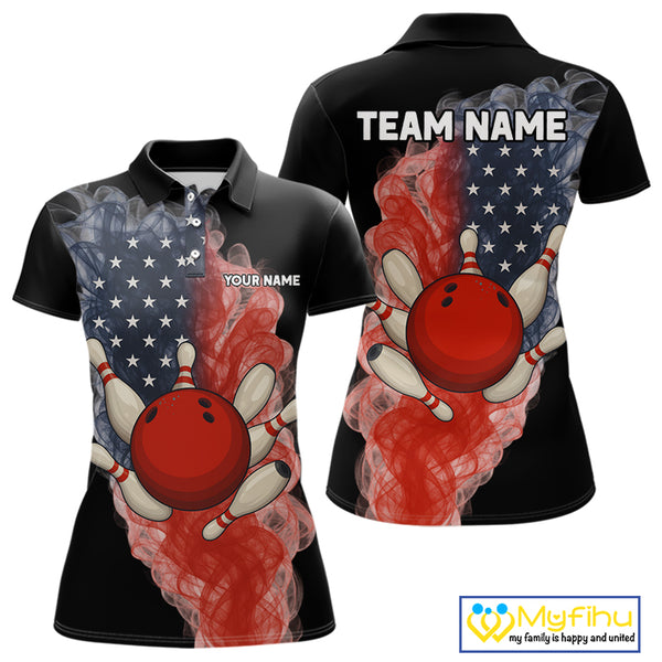 Custom Smoke American Flag Black Bowling Shirts for Women Personalized Patriotic Team Bowling Jerseys NQS10496