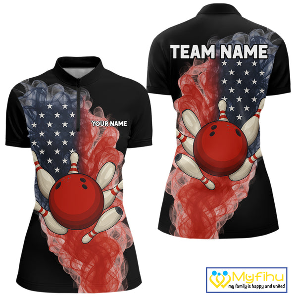 Custom Smoke American Flag Black Bowling Shirts for Women Personalized Patriotic Team Bowling Jerseys NQS10496