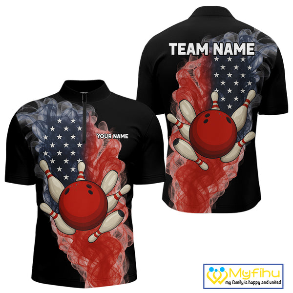 Custom Smoke American Flag Black Bowling Shirts for Men Personalized Patriotic Team Bowling Jerseys NQS10496